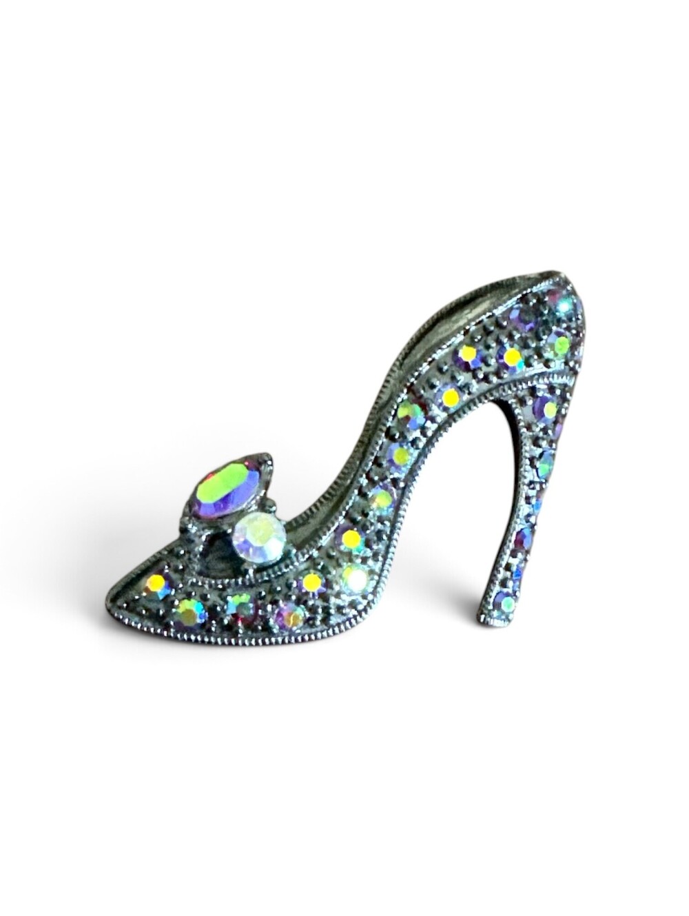 Lia Sophia High Heel Shoe Brooch Pin AB Rhinestones Gunmetal Signed 2"